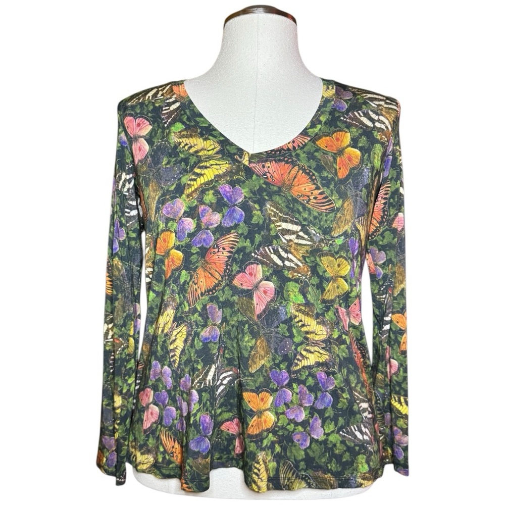 Johnny Was Midnight Mariposa Bamboo Long Sleeve Butterfly Summer Top